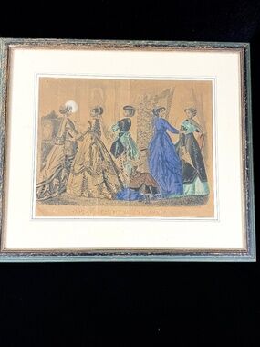 1868 Godeys Fashion Print April Civil War Era Wood Framed w Glass Mat